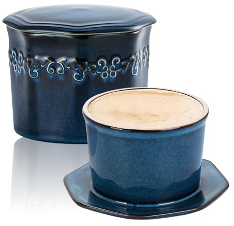 AXVRAV Französische Butterdose, 280g Keramik, Wassergekühlt, Sechseckig, Blau