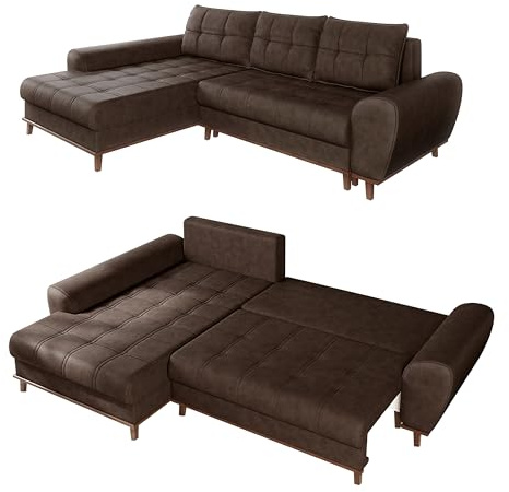 Modernes Ecksofa in Leder-Optik B268/T175/H86 cm mit Schlaffunktion, Bettkasten, Ottomane links, Füße und umlaufender Blende aus Massivholz, mit Mikrofaserstoff in Vintage Braun / 21018