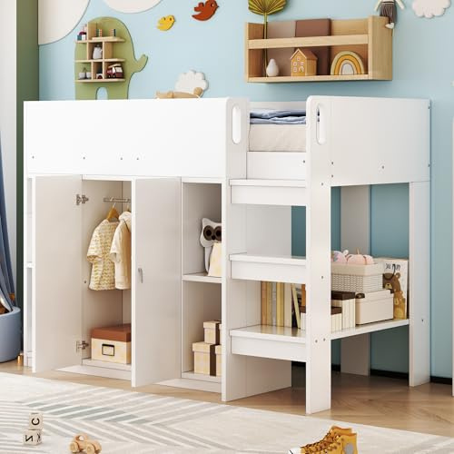 LAKFEW Cama Infantil Cama Alta 90x200 cm con Armario y Estantes de Almacenamiento, Camas Infantiles con Escalera y Protección Anticaída, Camas Altas de Madera, Cama Tren, Blanco, Sin Colchon