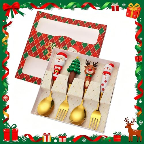 Set di 4 posate natalizie, cucchiai di Natale, cucchiai grandi, in oro, con Babbo Natale, albero di Natale 3D, alce e pupazzo di neve, design per feste di Natale, decorazioni per piatti (argento B)
