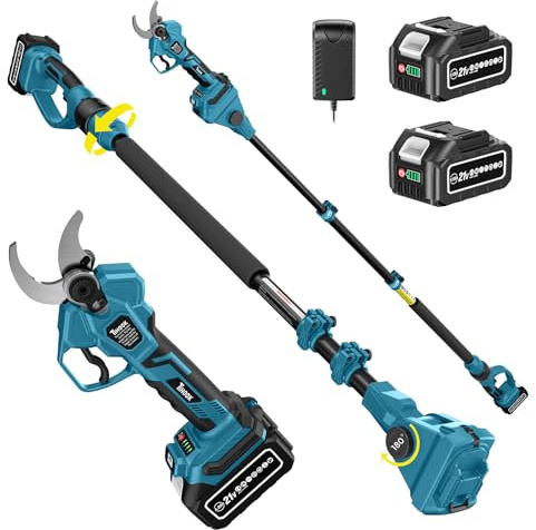 TIHOOK 2-IN-1 Akku Astschere Teleskop, 40mm Schnitt, 2 x 4000mAh Akkus | mit 8.2 ft Teleskopstiel & SK5 Klinge, Bürstenloser 0–180° Verstellbarer Kopf, LCD, für Baum Strauch Hecken Gartenpflege