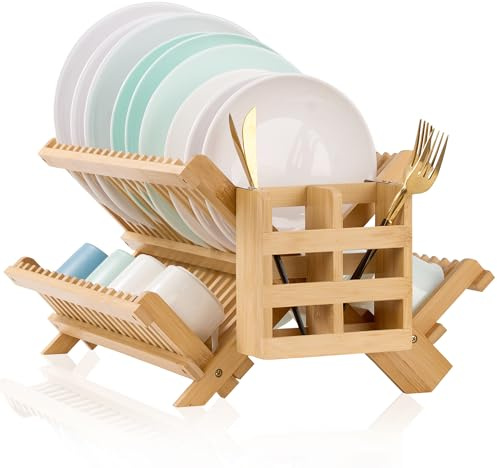 Dish Drying Rack, 3-Tier Collapsible Wooden Dish Drainer with Utensil Holder, Large Folding Rack, Includes 51 pcs Grid for Kitchen Counter Organization