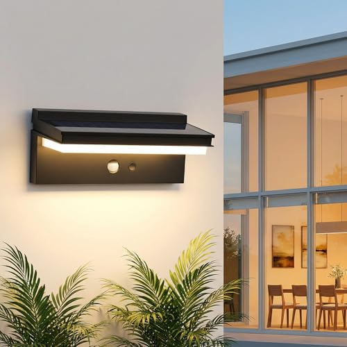 Kimuwote Solar Wandleuchte Aussen, Solarlampen für Außen mit Bewegungsmelder, 3 Modi Superhell Wandleuchte 4400mAh, IP65 Wasserdicht,Wandleuchte für Garten, Garage, Vordach, Terrasse und Hof