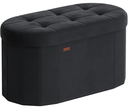 SONGMICS Mazie Collection - Folding Ottoman with Storage, Oval Storage Ottoman Bench, for Living Room, Bedroom, Velvet Fabric, 15 x 30 x 15 Inches, Ink Black ULSF267BH01
