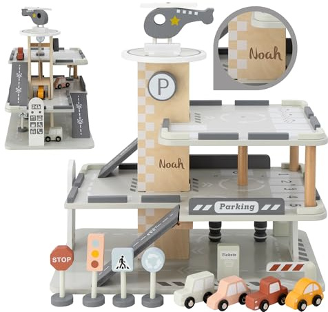 Personnalisable Garage de stationnement en Bois – avec Niveaux et Accessoires, favorise Le Jeu de rôle et la créativité – pour Enfants dès 3 Ans – personnalisé avec Le prénom – Tryco