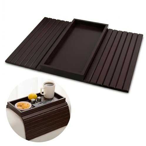 Granvoo Bandeja de Brazo para Sofá de Bambu, Bandeja para Reposabrazos de Sofá Plegable y Flexible, Reposabrazos de Sofá Antideslizante con Soporte para Tazas (Marrón Rojizo)