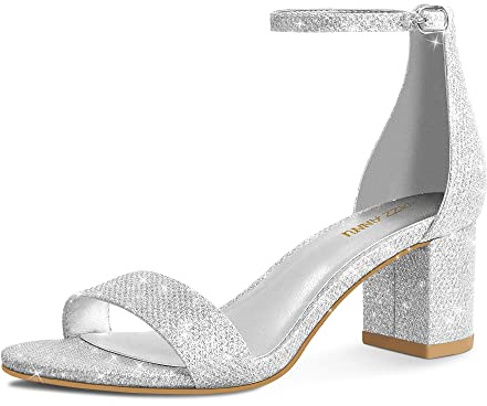 PIZZ ANNU Womens Sandals Mid Block Heel Ankle Strap Wedding Shoes for Bride Open Toe Ladies Sparkly Glitter Evening Party Silver Size 4