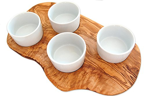 D.O.M. Die Olivenholz Manufaktur D.O.M. Plateau en Bois d'olivier avec 4 Bols en Porcelaine