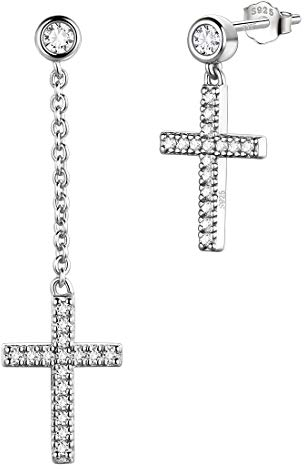 Aurora Tears Mens Cross Earrings Stud 925 Sterling Silver Long Chain Dangle Cubic Zirconia Asymetric Drop Earring Jewelry Gifts for Men and Women DE0145W