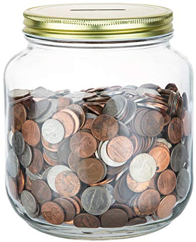 Large Coin Bank Jar with Slotted Gold Lid Holds Over $1,450 in Coins- Used for Piggy Bank and Raffle Ticket Drawing - Glass Money Jar Made in USA - Half Gallon