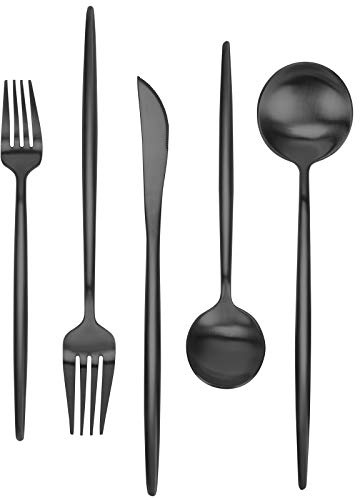 FAMEWARE - Juego de cubiertos negro mate de 30 piezas, juego de cubiertos de acero inoxidable, servicio para 6, juego de utensilios de cocina, juego de cubiertos de vajilla, acabado satinado pulido y