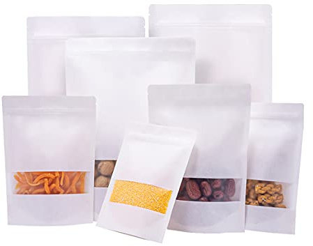 Standbodenbeutel mit Sichtfenster, Papiertüten, Kraftpapier Tüten, Geschenktüten, für Nüsse, Süßigkeiten, Kaffeebohnen, Getreide, Trockenfutter, Tiernahrung usw. 100Stück 90x140mm Weiß