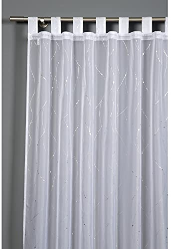 Gardinia Vorhang mit angenähten Schlaufen, Transparenter Schlaufenschal, Voile mit Silberdruck, Lichtdurchlässig und transparent, Weiß, 140 x 245 cm