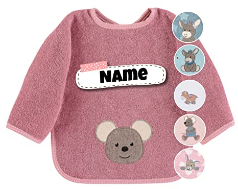 Stickling Sterntaler Baby Lätzchen mit Ärmeln | bestickt mit Namen | Langarm Lätzchen Baby | personalisiert | Latz Baby Geschenk (Mabel Maus lachsrosa)
