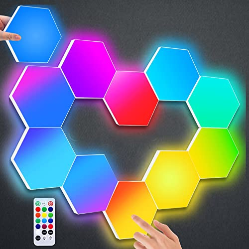 Amailtom Sechseck LED Wandleuchte mit Fernbedienung, Gaming Hexagon LED Panel Platten Touch-Steuerung RGB Wandleuchte DIY Geometrie Spleißen Quantum Magic Panel für Gaming Party Wohnzimmer, 10 Stück