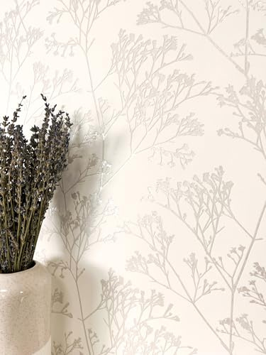 Newroom Tapete Creme Vliestapete Äste - Ästetapete Floral Natur Weiß Blätter Blumen Blumentapete Romantisch Rosentapete Vintage inkl. Tapezier-Ratgeber