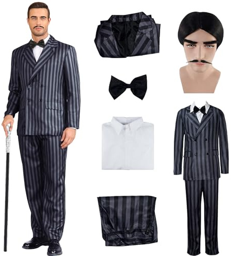 Men's 1920s Gangster Costume Wig Pinstripe Suit Blazer Jacket Shirt Pants Set with Necktie Halloween Cosplay Outfits XL