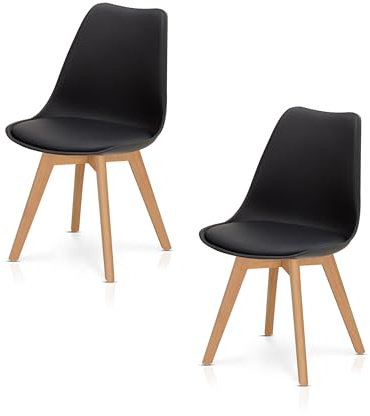KHG 2er-Set Esszimmerstühle Polsterstuhl Skandi Look, LED, 150 kg, bis 150 | Stuhlbeine Massivholz Buche, Kunststoff Sitzschale, gepolstertes Kunstleder-Sitzkissen, modern & pflegeleicht, schwarz