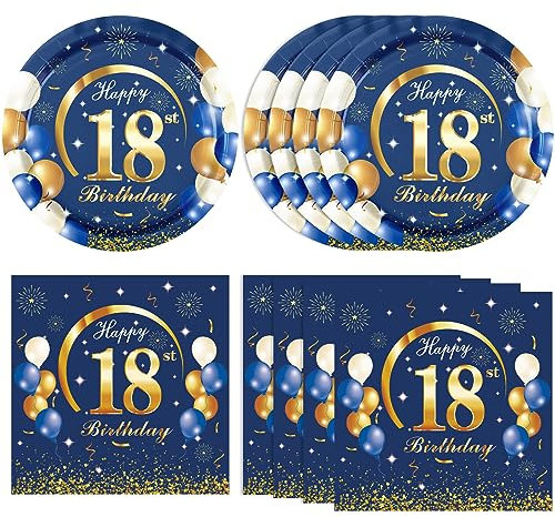 40PCS 18th Birthday Decoration Men 18th Birthday Decorations Blue and Gold Navy Blue and Gold Birthday Tableware Set Include Happy 18th Birthday Plates Napkins for Boy Men Girls