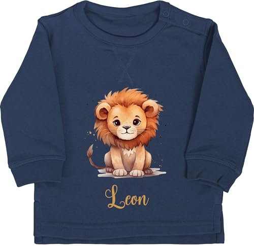 Baby Pullover Jungen Mädchen - Süßer Löwe mit Name personalisiert I Löwen Geschenk I Zootiere I König der Tiere I LEU - 6/12 Monate - Navy Blau - löwenmotiv Leon Pulli Tier personalisierte