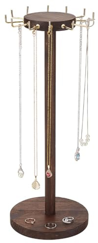 AHANDMAKER - Présentoir à bijoux en bois de 40,6 cm avec 12 crochets, support de table rond pour présenter et ranger colliers et bracelets