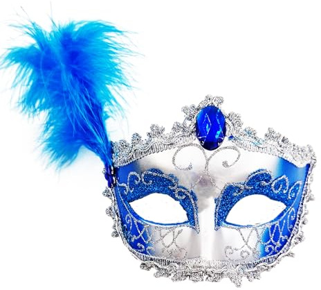 Vintage Venetian Feather Masquerade Mask for Women Carnival Mardi gras Party Costume Accessory (Blue)