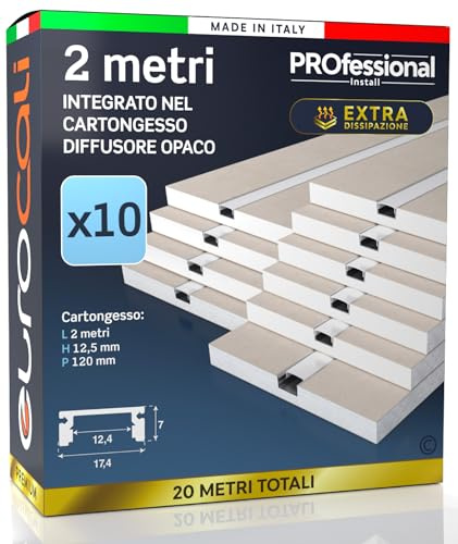 Profilo Alluminio per Strisce LED Integrato nel Cartongesso spessore 12,5mm | Gomma di Protezione per Stuccatura Inclusa per una installazione Facile e precisa - Pacco da 10 lastre da 2mt x 12cm