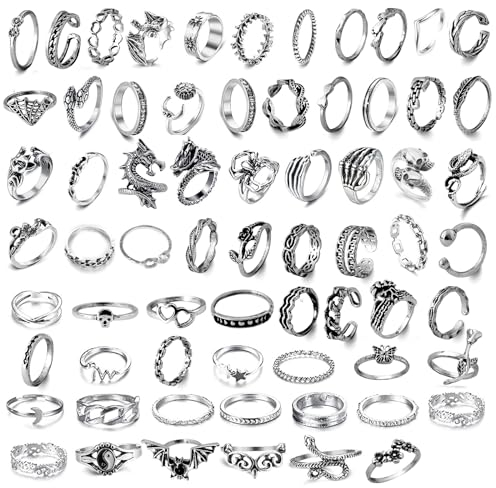 GoPaw 67 Stück Vintage Punk Ringe Set für Männer Frauen, Silber Schlangen, Stapelbare Boho Chunky Emo Fingerrings, Knuckle für Mädchen
