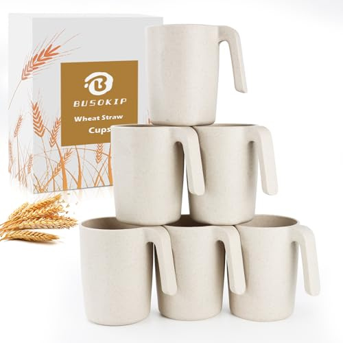 BUSOKIP Coffee Mugs Set of 6, Wheat Straw Cups 16 oz, Resuable Plastic Coffee Cups With Handle, Unbreakable & Stackable Kitchen Cup, Microwave safe Drinking Glasses for Tea, Juice and Water - Beige