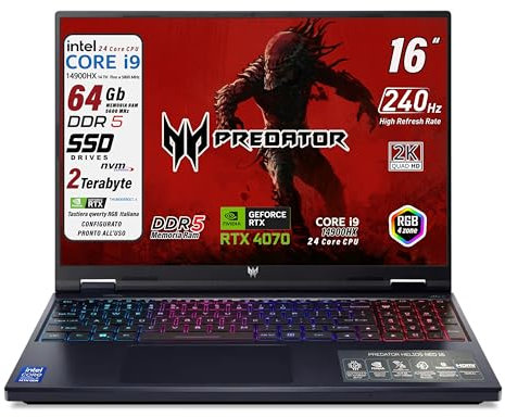 acer Predator Helios Neo 16s Ai, Notebook Gaming, Intel Ultra 9-275X, 24core, RAM DDR5 64Gb, SSD 1Tb, Display 16 Oled 240Hz, DCI-P3 100%, Geforce RTX 5070 8Gb, Win 11, Preconfigurato