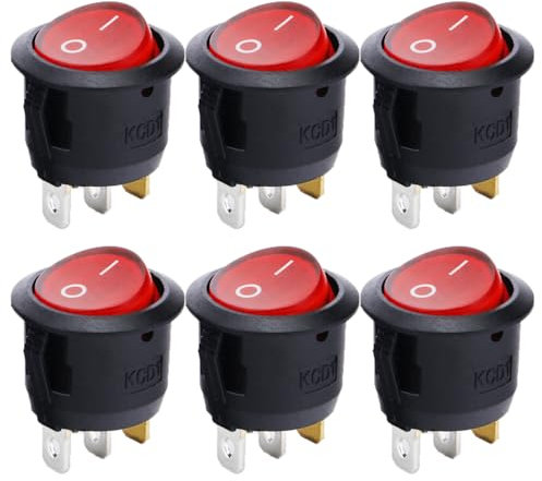 Powice 6 Stück Glühen Kippschalter 12V,Runder Selbstsichernder 3-Poliger Schalter mit Rotem Licht 12V,Schalter12V Geeignet für den Einbau in Häusern, Autos und Elektrischen Geräten(Rot)