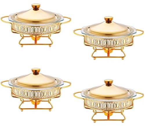 Chafing Dish Buffet Set 4Pack - Round Gold Buffet Warmer Chafers with Glass Trays for Parties, Weddings, Dinners - Silver Buffet Warmers Sets