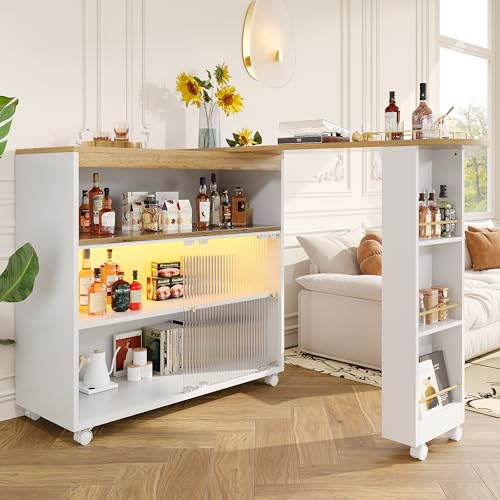 Merax Ausziehbarer Bartisch mit Stauraum, Beweglicher Bartisch mit LED, Stehtisch Bistrotisch Hochtisch Kücheninsel Bistro Table,Großer Stauraum,Weiß/138-204×39×105cm