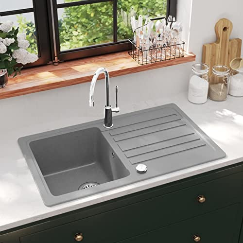 Xichuzi Fregadero Reversible Gris de Granito de una cubeta con escurridor, Fregadero Bajo Encimera, Picas De Cocina, Fregadero Encimera