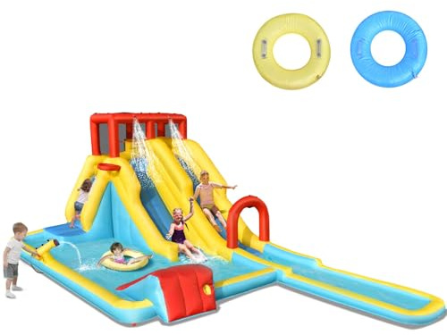 RELAX4LIFE Castello Gonfiabile 622x335x225cm con Doppio Scivolo, Parete da Arrampicata e Canestro da Basket, Parco Acquatico all'Aperto, per Bambini dai 3 Anni in Su (Senza soffiatore)