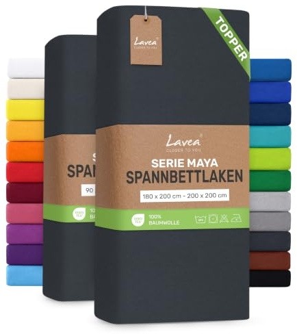 Lavea® 2er Pack Topper Spannbettlaken 180/200x200cm – Anthrazit | 100% Baumwolle Jersey – Für Topper bis 12 cm Höhe – Weich, Formstabil und Langlebig