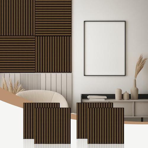 AKK-Stave Akustikwandpaneele – Holzwandpaneele für Schalldämmung, 1,44 ㎡ Akustikpaneele für Wände, 3D-Holzlamellenwandverkleidung, dekorative Wandpaneel-Sets für Zuhause (5# dunkles Walnuss, 60 cm, 4