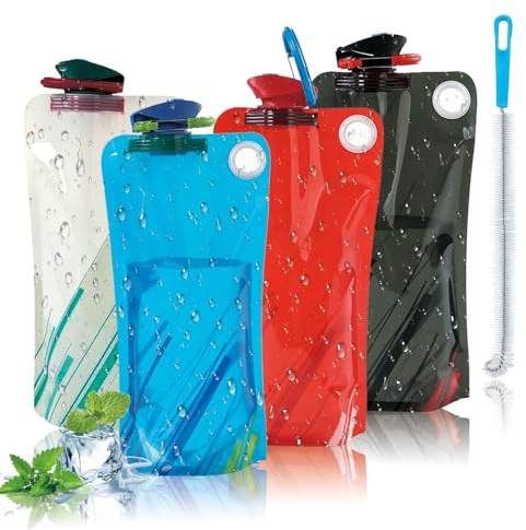 Burbesthete 【4er Pack】 Faltbare Trinkflasche 1000ml, Kollabierbare Wasserflasche aus Lebensmittelechtem Silikon, BPA-Frei, Leicht und Luftdicht für Outdoor, Camping, Festival, Wandern, Reisen