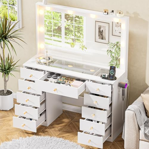DINGIPP 43.3 Vanity with Large Mirror and 10 LED Lights, Vanity Desk with Glasstop, 11 Drawers with Crystal Handles, Dressing Table with Power Outlet as Gift for Women, Girls (White)