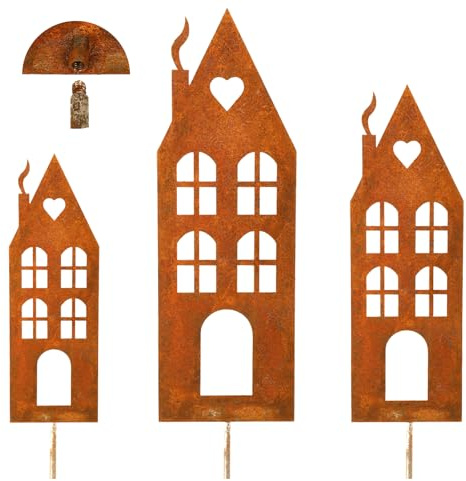 Gucass 3er Set Häuser Rost Deko Weihnachten Outdoor, Gartenstecker Roststecker Weihnachtsdeko Draußen, Winter Deko Garten für Advent, Weihnachts Balkon Gartendeko