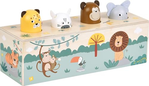 small Foot Drückspiel Tierlaute „Safari“ aus FSC-zertifiziertem Holz, 4 Tierfiguren, Lernspielzeug mit Tiergeräuschen und Pop-Up-Mechanismus, für Kinder ab 1 Jahr, 12757