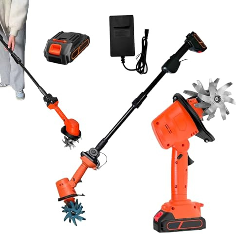 Cordless Mini Tiller Electric Garden Cultivator, Handheld Tool with Rechargeable Lithium Battery and Telescopic Pole for Lawn and Yard