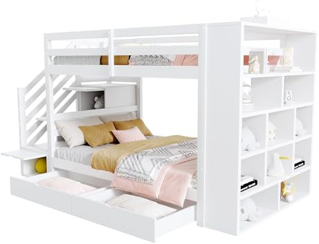 Azkoeesy Etagenbett 90x200 cm für 2 Kinder und Jugendliche, mit Treppen und Stauraum, Vitrine, Kinderbett mit 2 Schubladen und Bücherschrank, Kiefernholz, Weiß