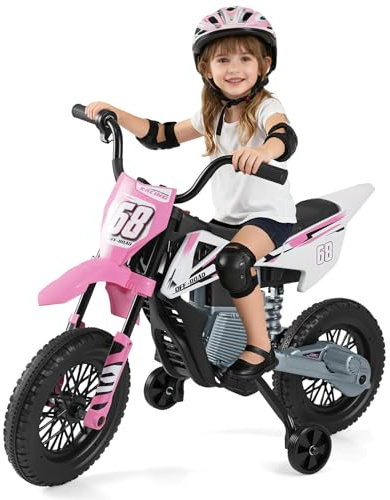GOPLUS Barn motorcykel 12 V, barnmotorcykel elektrisk med 2 stödhjul, avtagbara, elmotorcykel med fotpedaler, musik och Bluetooth, motorcykel Eletro 3–5 km/h för barn 3–8 år (rosa)