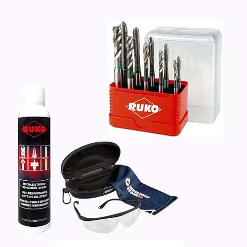 RUKO Gewindebohrer-Set HSS-Co, 10-teilig, M4–M10, DIN 371 Form B, Maschinengewindebohrer, Profi-Gewindeschneider für Stahl & Edelstahl, präzise & langlebig, inkl. Spray & Schutzbrille