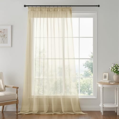 Woaboy Gardinen mit Kräuselband Voile Wohnzimmer 1er Set 200x245 cm Beige | Vorhänge Transparent Sheer Curtains Stores Gardine Schlafzimmer Modern Schlaufengardinen