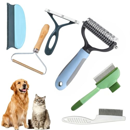 6‑in‑1 Tierpflege‑Set für Hunde und Katzen, Katzenbürste und Hundebürste | Set mit Unterwollbürste Flohkamm Tierhaarentferner. Für Lang‑ und Kurzhaar, zur Reinigung von Möbeln, Auto und Kleidung