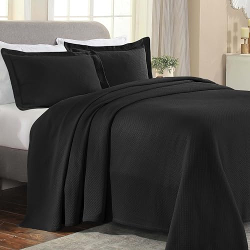 Superior - Solitaire - Parure 3 pièces décorative pour lit Queen Size en Coton texturé incluant Un Couvre-lit matelassé et aéré et Deux taies d’Oreiller, pour Toutes Les Saisons, Noir