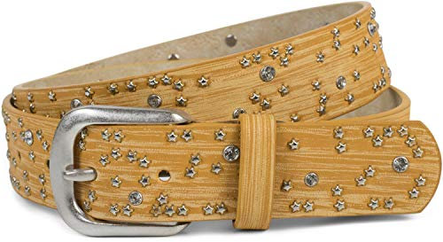 styleBREAKER Damen Gürtel mit Sternchen Nieten und Strass, Oberfläche in Pinselstrich Optik, Vintage Nietengürtel, kürzbar 03010096, Farbe:Senf, Größe:95cm