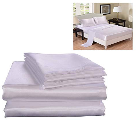 4pc Home Textile Literie Satin Double Couverture Set - Ensemble de Linge de lit composé de Feuille de Satin de Soie, Feuille avec Coins, taie d'oreiller, lit Double Queen (Blanc, Reine)